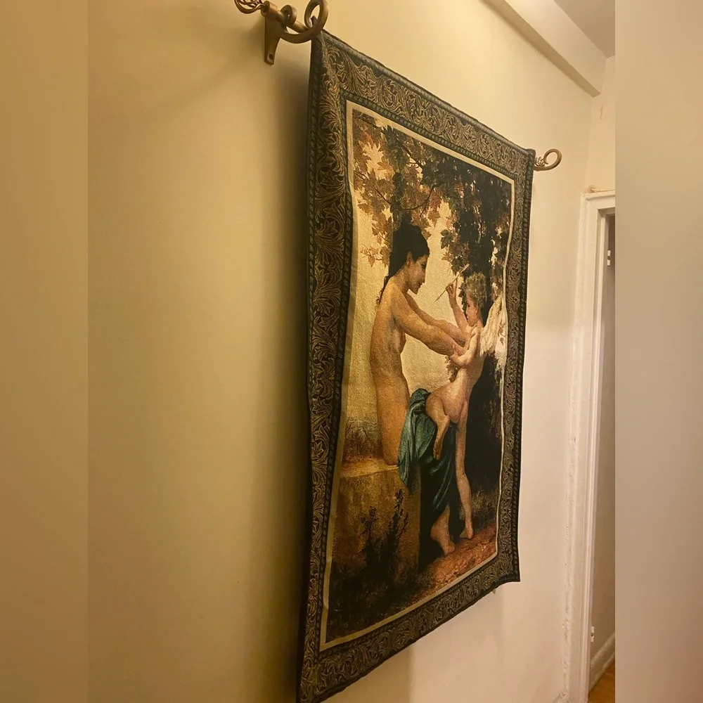 Tapestry Girl defending herself against love. 100% Cotton. 36”Wx50”L